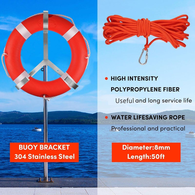 BALAVA Life Ring 23"/28" Boat Safety Throw Buoy With Reflective Tape & Grab Lines - Orange for Boats, Includes Water Floating Saving Rope and Bracket - Image 4